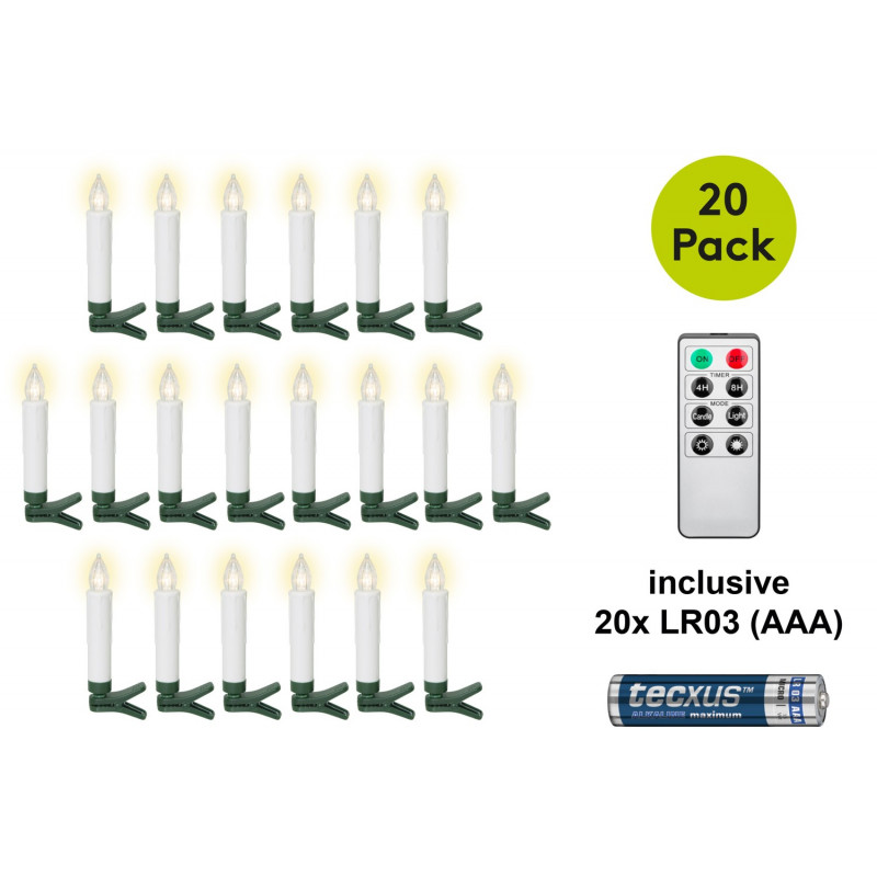 Candele LED wireless per albero di Natale Goobay 75258 (20 pz), incl. 20x AAA (LR03), clip, telecomando, timer, dimmerabili, bianco caldo (2600 K)