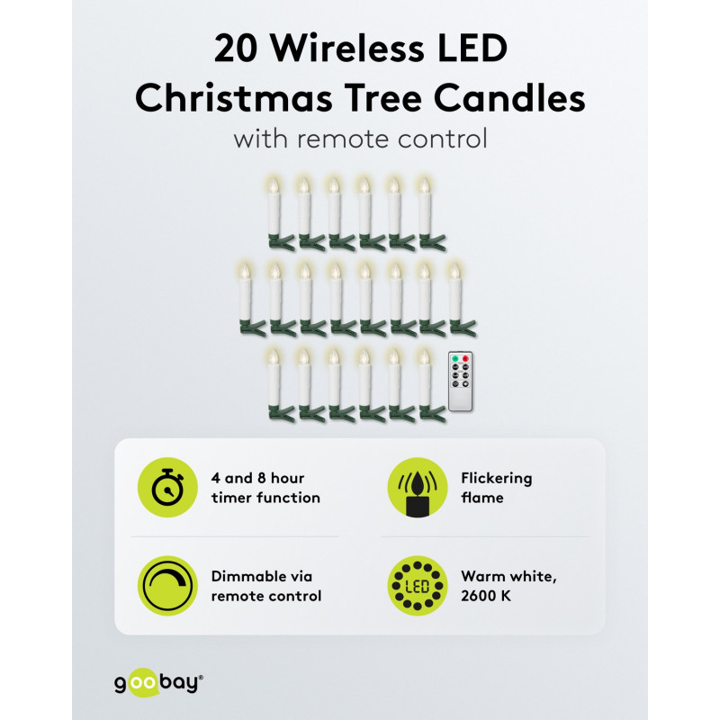 Candele LED wireless per albero di Natale Goobay 75258 (20 pz), incl. 20x AAA (LR03), clip, telecomando, timer, dimmerabili, bianco caldo (2600 K)