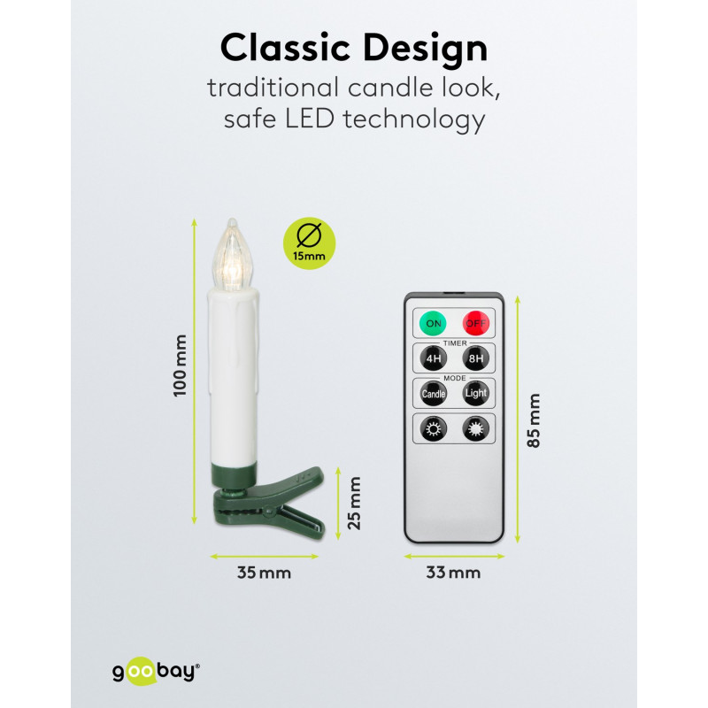 Candele LED wireless per albero di Natale Goobay 75258 (20 pz), incl. 20x AAA (LR03), clip, telecomando, timer, dimmerabili, bianco caldo (2600 K)