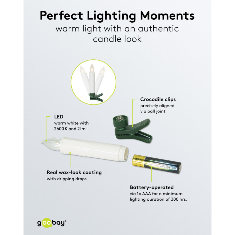 Candele LED wireless per albero di Natale Goobay 75258 (20 pz), incl. 20x AAA (LR03), clip, telecomando, timer, dimmerabili, bianco caldo (2600 K)