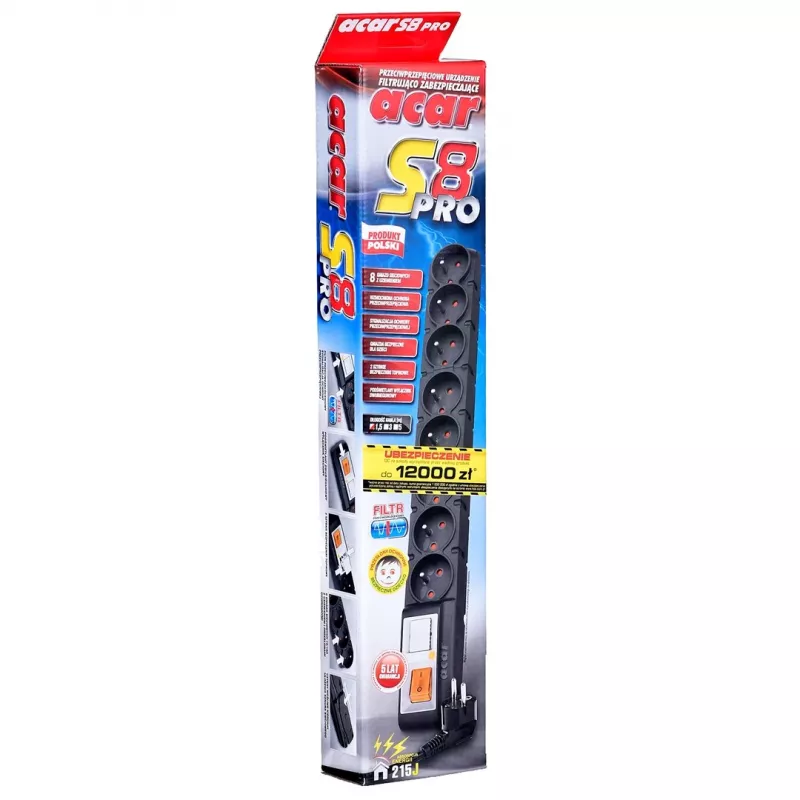 Acar S8 PRO Ciabatta con protezione da sovratensione 1.5m - 8 prese Schuko, nera