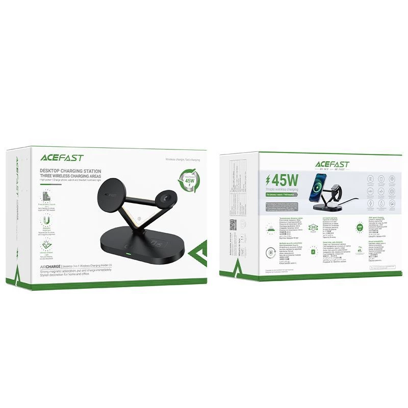 ACEFAST Caricabatterie wireless Qi 15W per iPhone compatibile MagSafe, supporto per Apple Watch e Apple AirPods Magnetico Nero