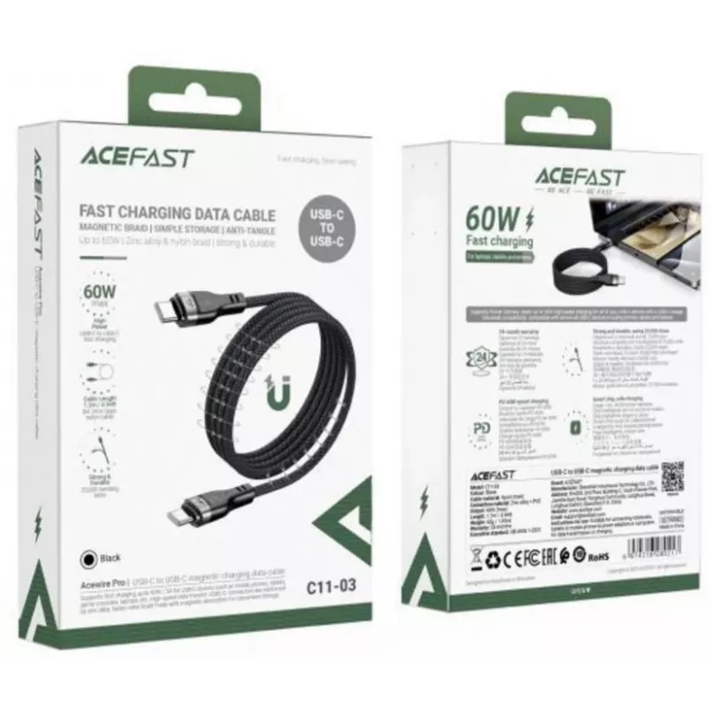 Acefast C11-03 cavo 3in1 USB-C a USB-C 100W 480Mbps 1,2m nero