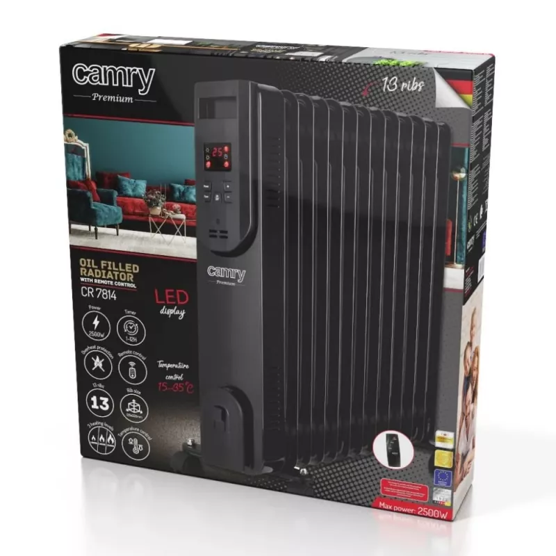 Camry CR 7814 radiatore a olio con telecomando, 2500 W, 13 elementi, nero