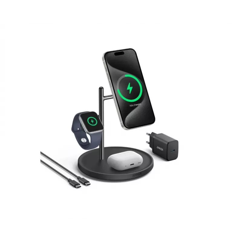 Anker MagGo B25M3312 Stazione di ricarica Qi2 3-in-1, 15 W per smartphone, nero