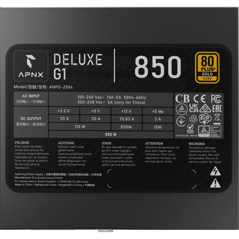 APNX DELUXE G1 850 Alimentatore ATX 850W 80 PLUS Gold completamente modulare nero