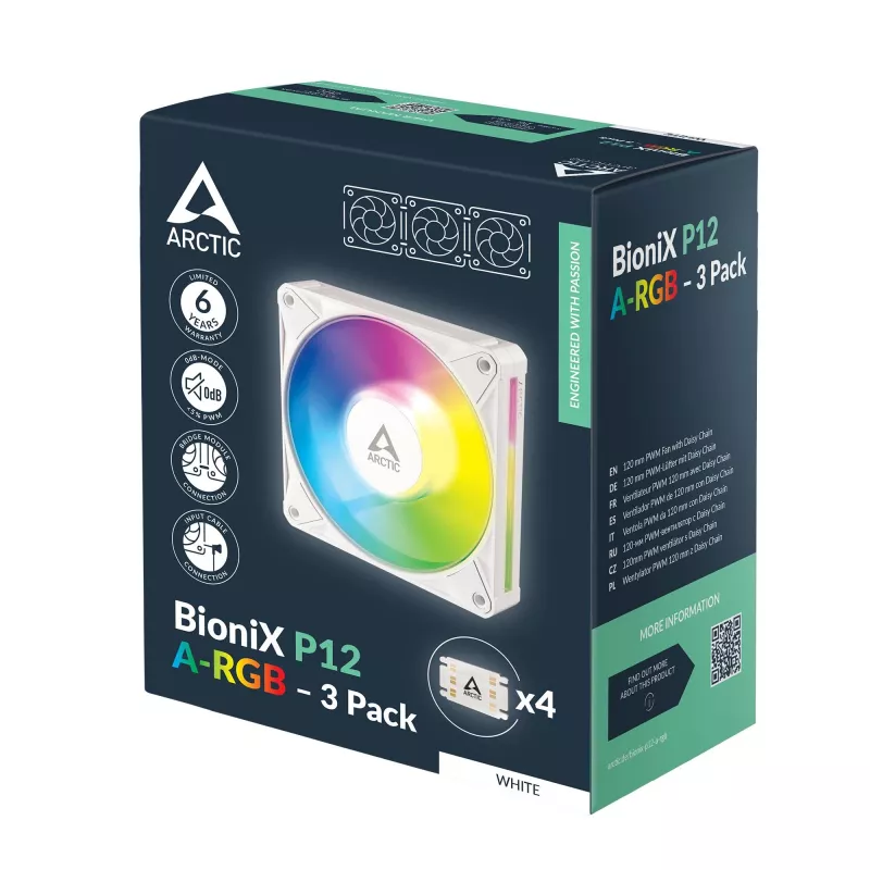 Arctic BioniX P12 A-RGB White 3-Pack – ventola per case 120mm PWM con RGB indirizzabile e Daisy Chain, 450-3000 U/min