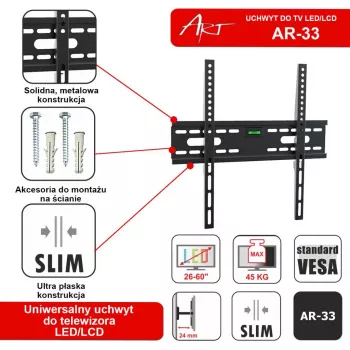 ART AR-33 Supporto da parete fisso per TV LCD/LED 26-60 pollici, 45 kg, VESA 400x400, profilo sottile 24 mm, nero