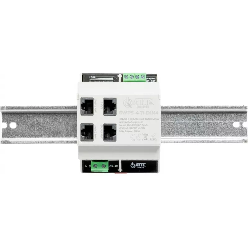 ATTE SWPS-4-11-DIN4 Switch PoE+ industriale 4 porte con alimentatore integrato, montaggio su guida DIN, budget 60W