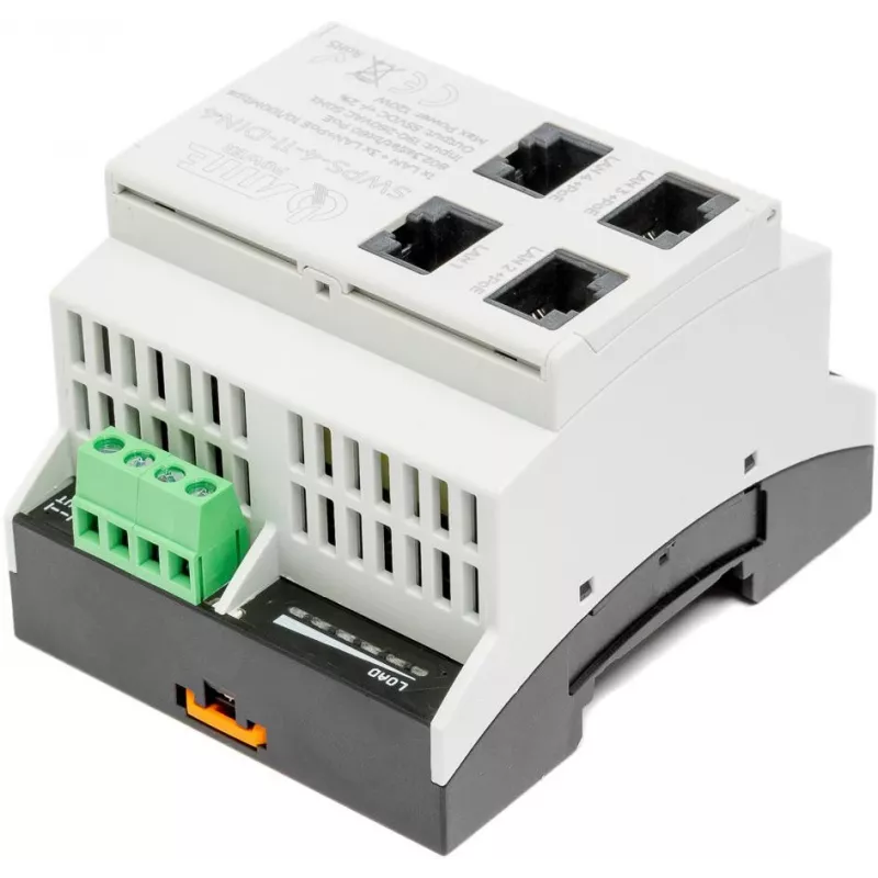 ATTE SWPS-4-11-DIN4 Switch PoE+ industriale 4 porte con alimentatore integrato, montaggio su guida DIN, budget 60W
