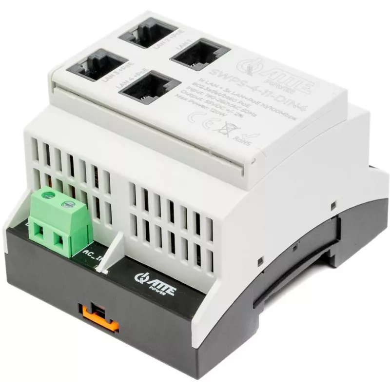 ATTE SWPS-4-11-DIN4 Switch PoE+ industriale 4 porte con alimentatore integrato, montaggio su guida DIN, budget 60W