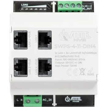 ATTE SWPS-4-11-DIN4 Switch PoE+ industriale 4 porte con alimentatore integrato, montaggio su guida DIN, budget 60W