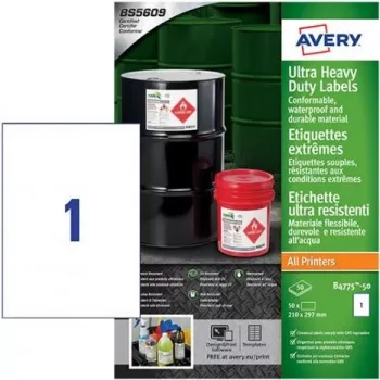 Avery Zweckform B4775-50 etichette in film di polietilene bianche A4, adesivo permanente, laser/fotocopiatrice, 50 etichette, 210 x 297 mm