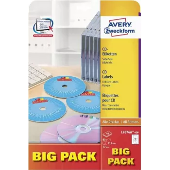 Avery Zweckform L7676A-40P etichette CD/DVD, Ø 117 mm, bianco, 40 fogli / 80 etichette, A4, inkjet e laser