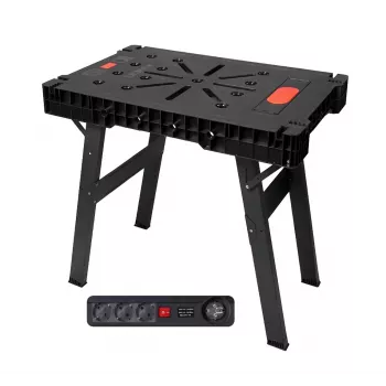 AWTOOLS Banco da lavoro pieghevole con ciabatta, montaggio rapido, 1000x600x750 mm, portata 150 kg, telaio nero, piano in legno naturale