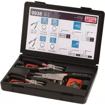 Bahco 9938 set pinze per anelli di sicurezza, 4 pezzi, 180 mm, interni/esterni, dritti/curvi, borsa arrotolabile