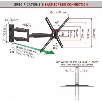 BARKAN BM343XL Supporto TV da parete completamente orientabile per TV 13-65 pollici, 4 snodi, braccio estensibile, nero