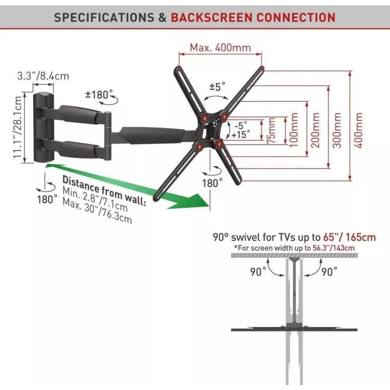 BARKAN BM343XL Supporto TV da parete completamente orientabile per TV 13-65 pollici, 4 snodi, braccio estensibile, nero