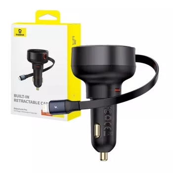 Caricabatterie da auto Baseus Enjoyment Pro ricarica rapida Type-C femmina, Lightning maschio (0,75 m) con cavo retrattile integrato, 55W nero EU