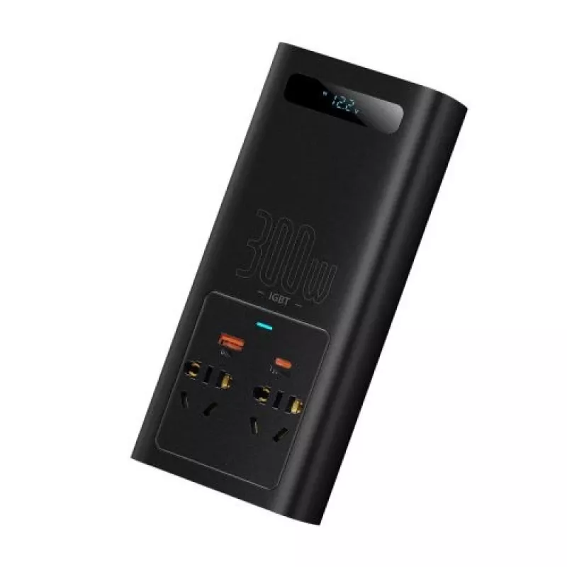 Inverter di potenza per auto Baseus IGBT 300W/220V con due prese EU, USB-C PD, USB-A QC, morsetti per batteria e cavo per accendisigari, nero (CGNB010101)