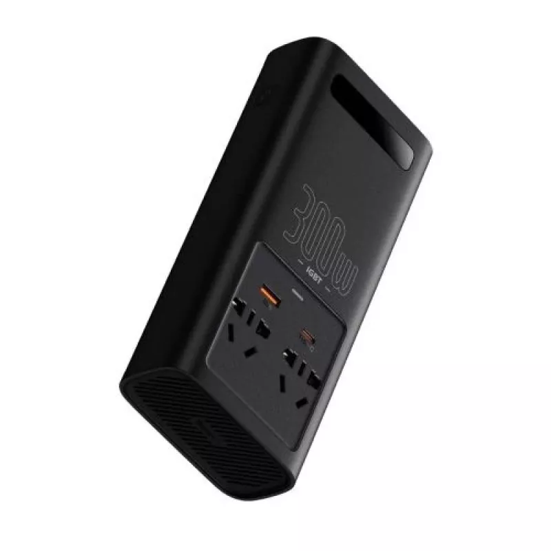 Inverter di potenza per auto Baseus IGBT 300W/220V con due prese EU, USB-C PD, USB-A QC, morsetti per batteria e cavo per accendisigari, nero (CGNB010101)