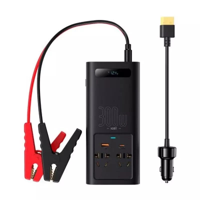 Inverter di potenza per auto Baseus IGBT 300W/220V con due prese EU, USB-C PD, USB-A QC, morsetti per batteria e cavo per accendisigari, nero (CGNB010101)
