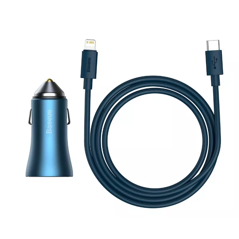 Caricabatterie da auto doppio quick Baseus Golden Contactor Pro 40W con cavo USB-C a Lightning 1m blu