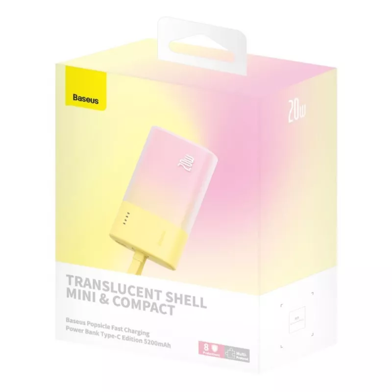 Baseus Popsicle 5200mAh 20W powerbank con cavo Lightning integrato e cavo Baseus Simple USB-C a USB-C 60W 30cm bianco - giallo-rosa