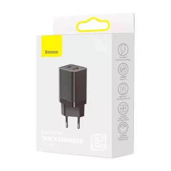 Baseus Super Si Pro Mini caricabatterie rapido 30W, USB-C + USB-A, PD 3.0, QC 3.0, spina EU, nero (CCSUPP-E01)