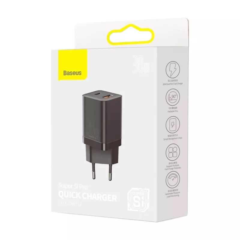 Baseus Super Si Pro Mini caricabatterie rapido 30W, USB-C + USB-A, PD 3.0, QC 3.0, spina EU, nero (CCSUPP-E01)