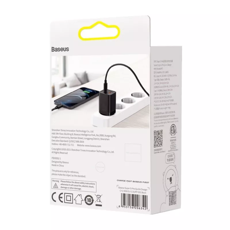 Baseus Super Si Pro Mini caricabatterie rapido 30W, USB-C + USB-A, PD 3.0, QC 3.0, spina EU, nero (CCSUPP-E01)