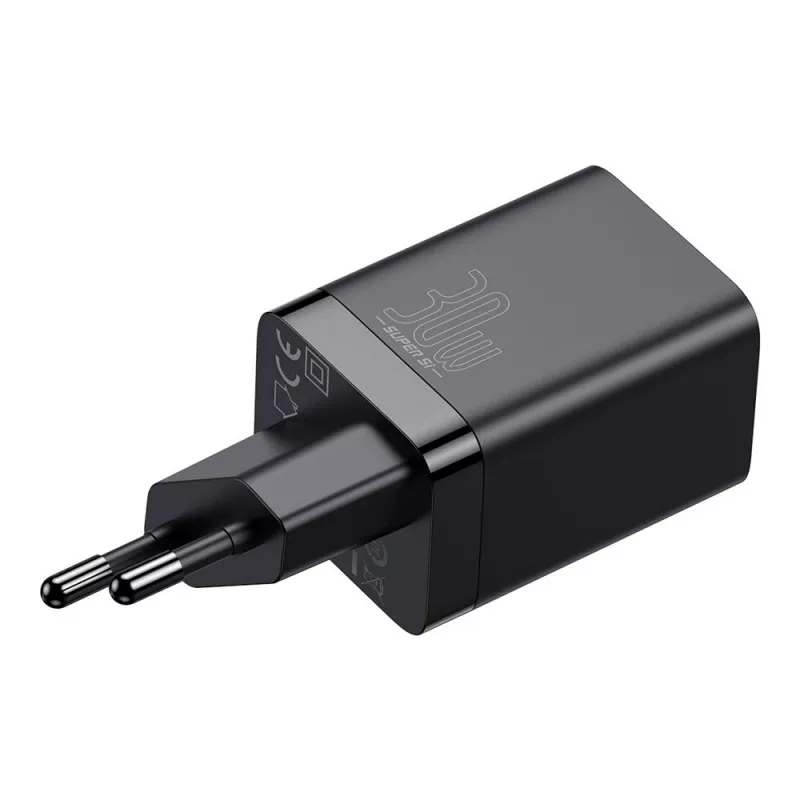 Baseus Super Si Pro Mini caricabatterie rapido 30W, USB-C + USB-A, PD 3.0, QC 3.0, spina EU, nero (CCSUPP-E01)