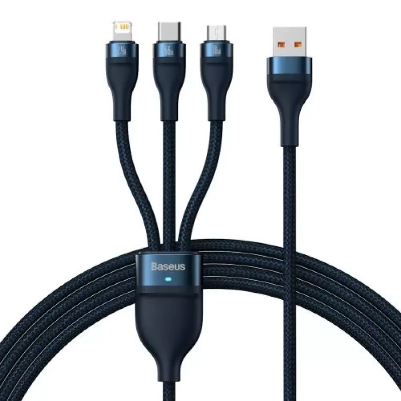 Cavo universale Baseus Flash Series II 3-in-1 ricarica rapida e dati (USB-A a Micro + Lightning + Type-C) 66W, 480mbps, 1,2m, blu (CASS040003)