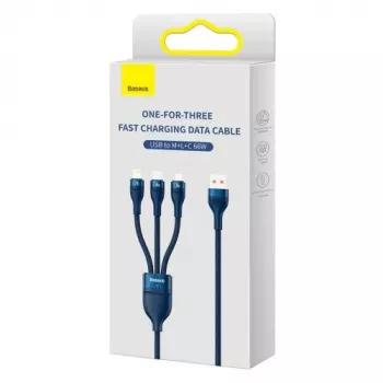 Cavo universale Baseus Flash Series II 3-in-1 ricarica rapida e dati (USB-A a Micro + Lightning + Type-C) 66W, 480mbps, 1,2m, blu (CASS040003)