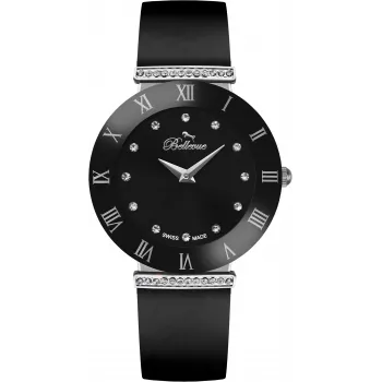BELLEVUE E126 Orologio da donna analogico al quarzo 26mm quadrante argento cinturino in pelle nera