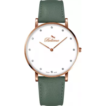 BELLEVUE Orologio da donna B57 40mm al quarzo analogico quadrante argento pelle nera