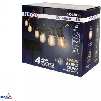 BEMKO SOLBEE catena di luci LED da giardino a energia solare 10 LED 10m bianco caldo 3000K IP65 nero