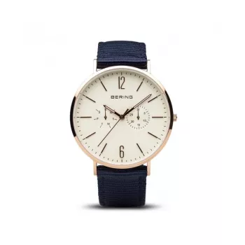 Bering Orologio da uomo Classic al quarzo 40 mm quadrante blu oro rosa acciaio inox mesh 14240-864B