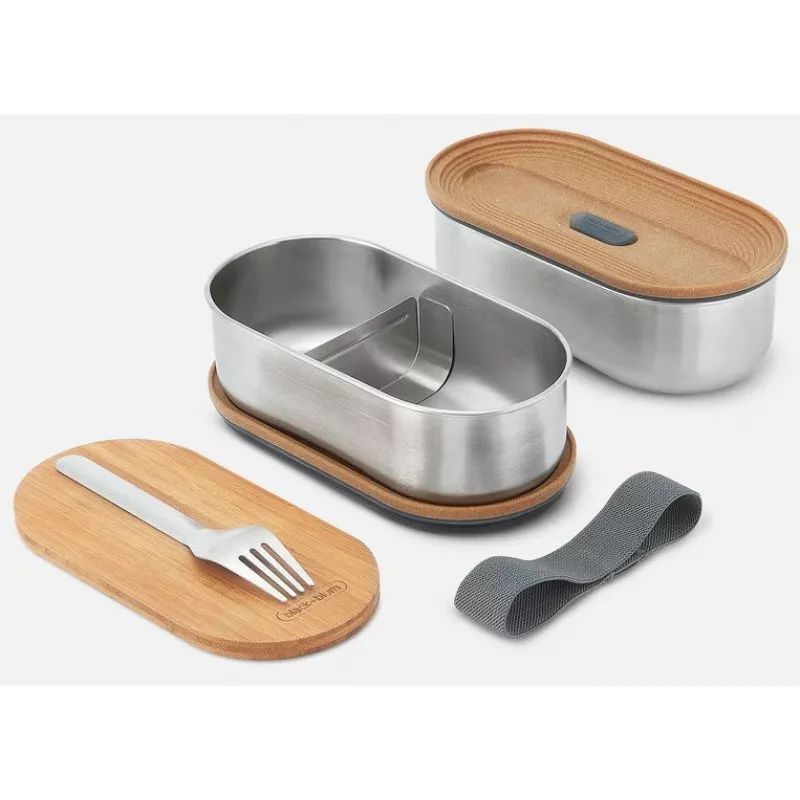 black+blum Oval Box 0,5 L contenitore per alimenti con coperchio in bambù e base in acciaio inox