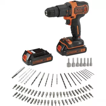 BLACK+DECKER Trapano Avvitatore a Percussione a Batteria 18V BDCHD18BAFC, Nero/Arancione, 2 batterie Li-Ion da 1,5 Ah, set di 80 accessori, valigetta