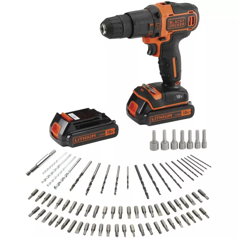 BLACK+DECKER Trapano Avvitatore a Percussione a Batteria 18V BDCHD18BAFC, Nero/Arancione, 2 batterie Li-Ion da 1,5 Ah, set di 80 accessori, valigetta