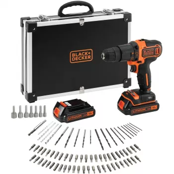 BLACK+DECKER Trapano Avvitatore a Percussione a Batteria 18V BDCHD18BAFC, Nero/Arancione, 2 batterie Li-Ion da 1,5 Ah, set di 80 accessori, valigetta