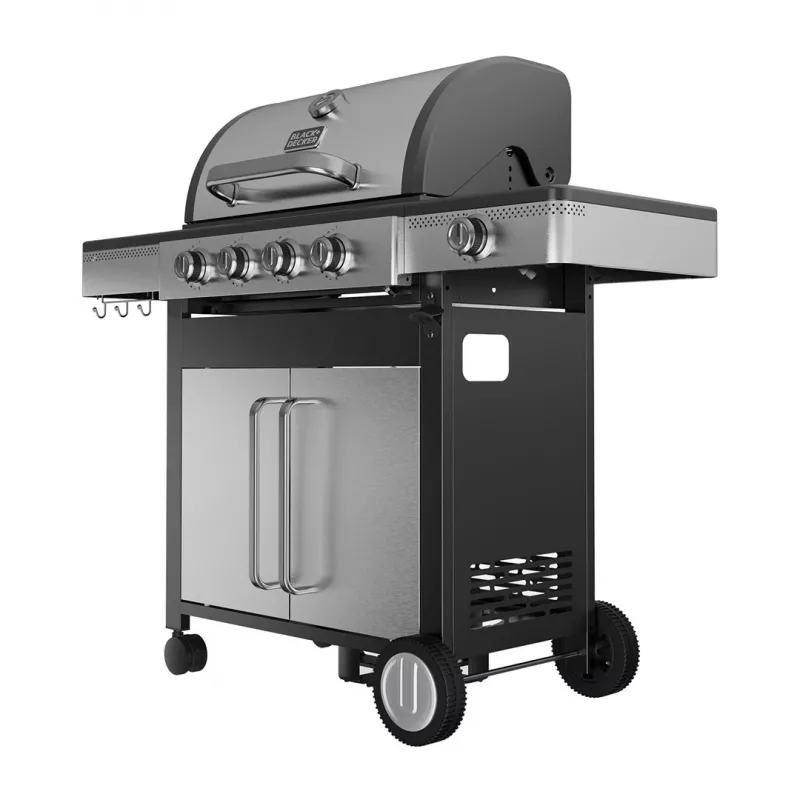 Black+Decker BXOG16550E Barbecue a gas, 4 bruciatori con bruciatore laterale, 16,5 kW, nero e acciaio inox