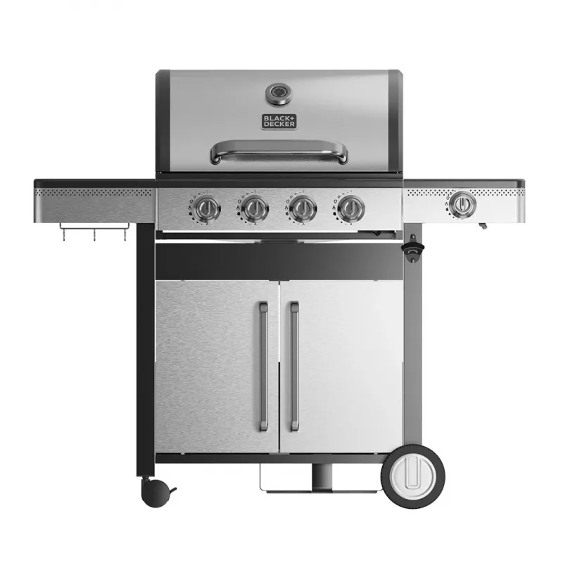 Black+Decker BXOG16550E Barbecue a gas, 4 bruciatori con bruciatore laterale, 16,5 kW, nero e acciaio inox