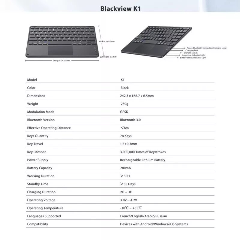 Blackview K1 tastiera Bluetooth wireless ultra slim 10