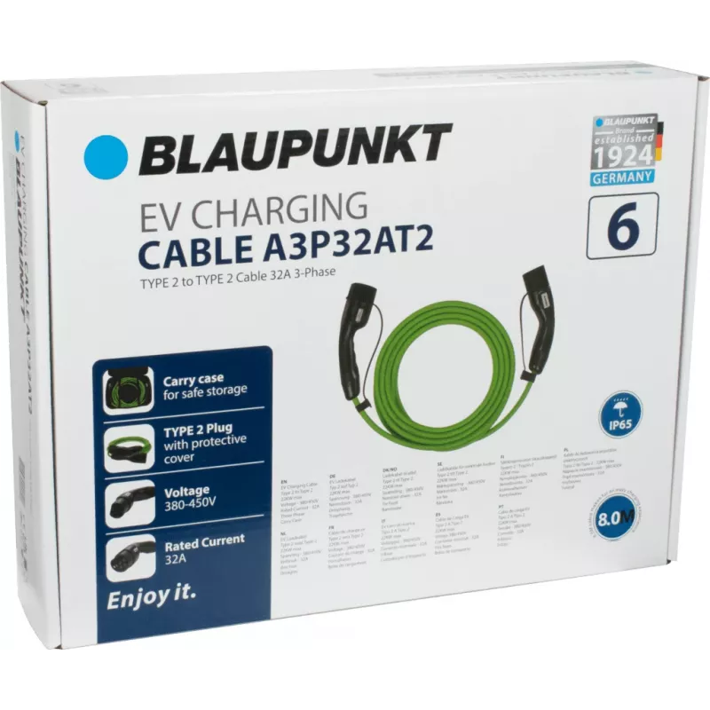 Blaupunkt cavo di ricarica EV Type 2 su Type 2 8m 32A trifase 22kW (A3P32AT2)