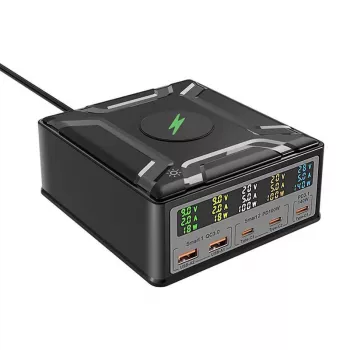 BlitzWolf BW-S28 stazione di ricarica GaN USB-C 260W, 2xUSB-A, 3xUSB-C, caricabatterie wireless 15W, nero