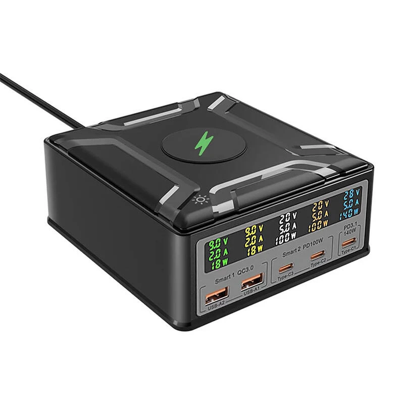 BlitzWolf BW-S28 stazione di ricarica GaN USB-C 260W, 2xUSB-A, 3xUSB-C, caricabatterie wireless 15W, nero