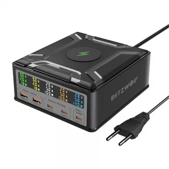 BlitzWolf BW-S28 stazione di ricarica GaN USB-C 260W, 2xUSB-A, 3xUSB-C, caricabatterie wireless 15W, nero