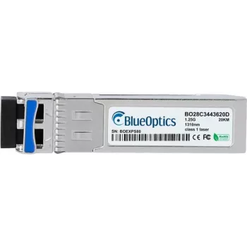 BlueOptics BO28C3443620DIN ricetrasmettitore cSFP BiDi a 2 canali, LC-Duplex, 1000BASE-2BX-U, fibra singlemode, TX:1310nm/RX:1490nm, 20km, da -40°C a +85°C, DDM
